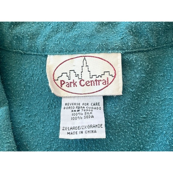 Vtg Y2K Park Central Brushed Silk Button Up Roll Tab Teal Top Size XXL Safari - Picture 5 of 9